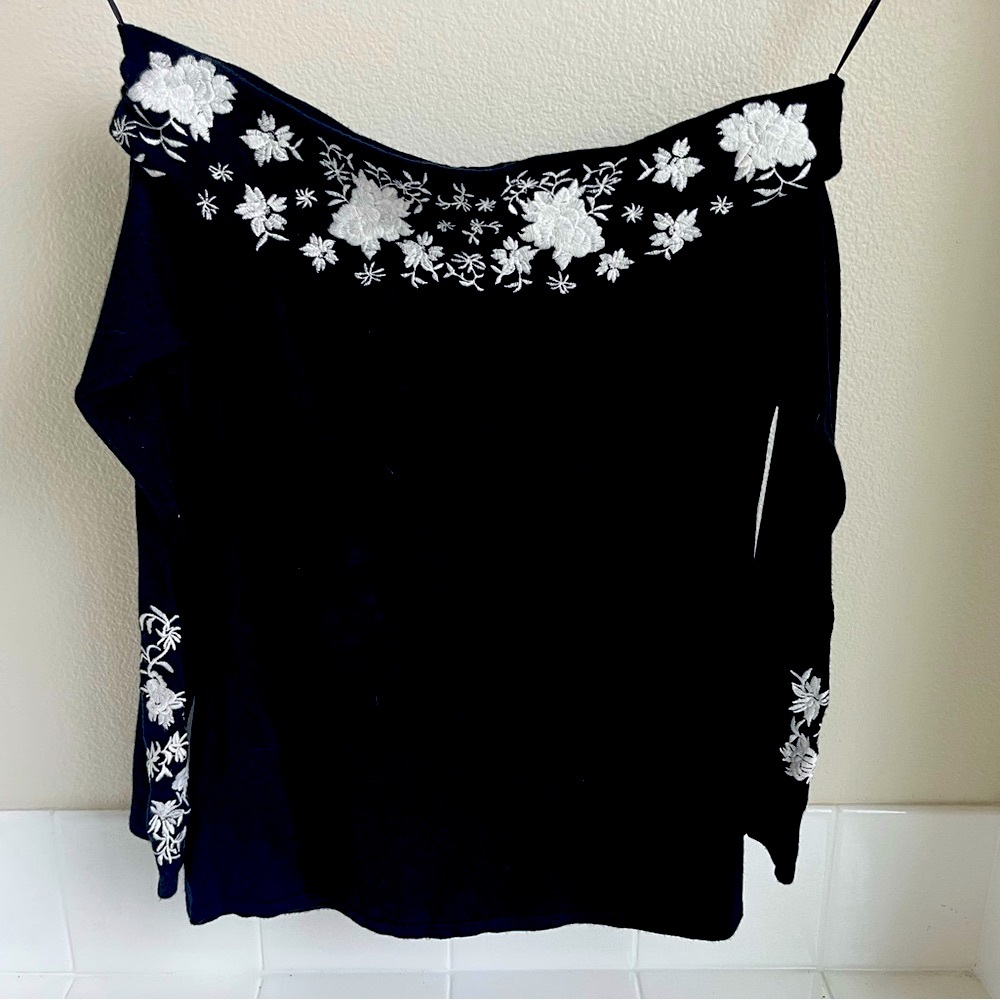 INC International Concepts Black Off-the-Shoulder Embroidered Knit
